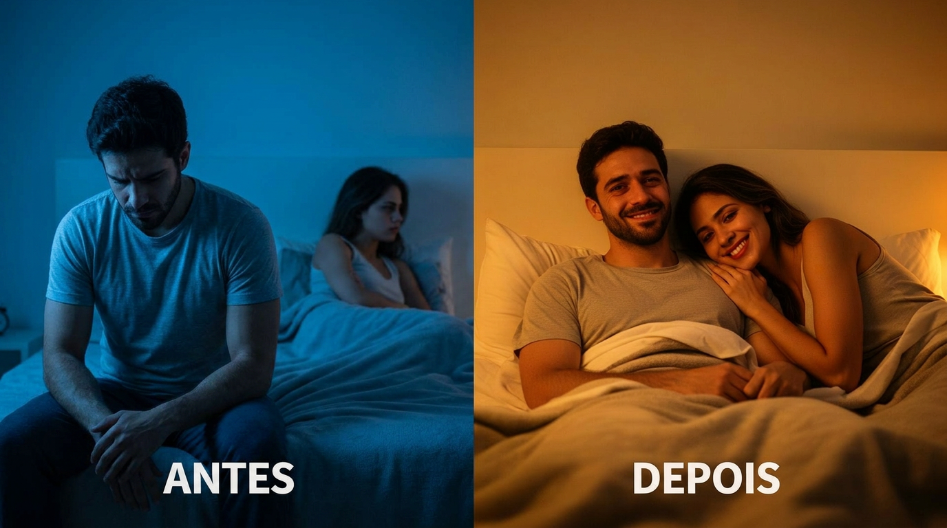 Antes e depois — homem ansioso vs. homem confiante após o Protocolo H